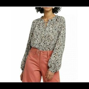 Gray Leopard Print Mock Neck Blouse